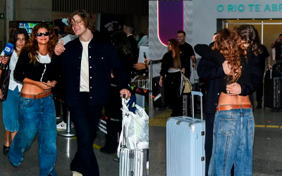 De volta ao Brasil, campeão olímpico Lucas Pinheiro é recebido pela namorada, Isadora Cruz